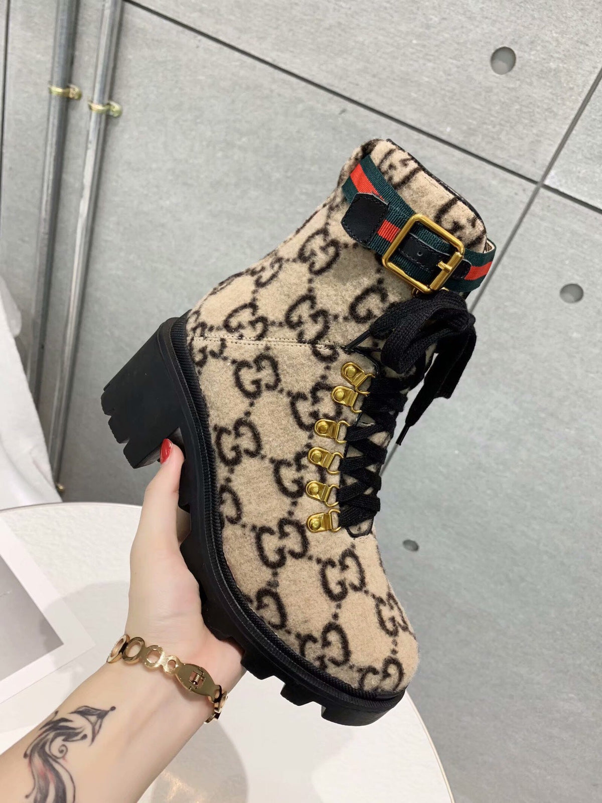GG Ankle Heel Boots Beige Black Velvet