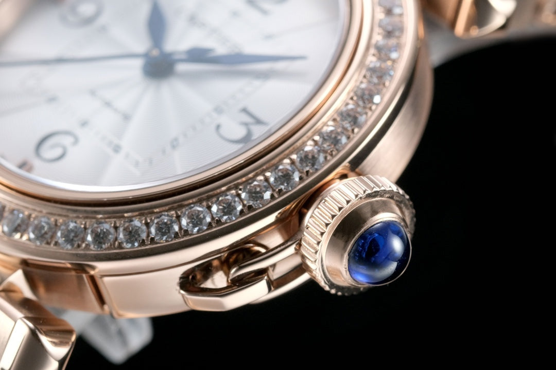 pasha 35mm automatic pink gold white dial diamond bezel