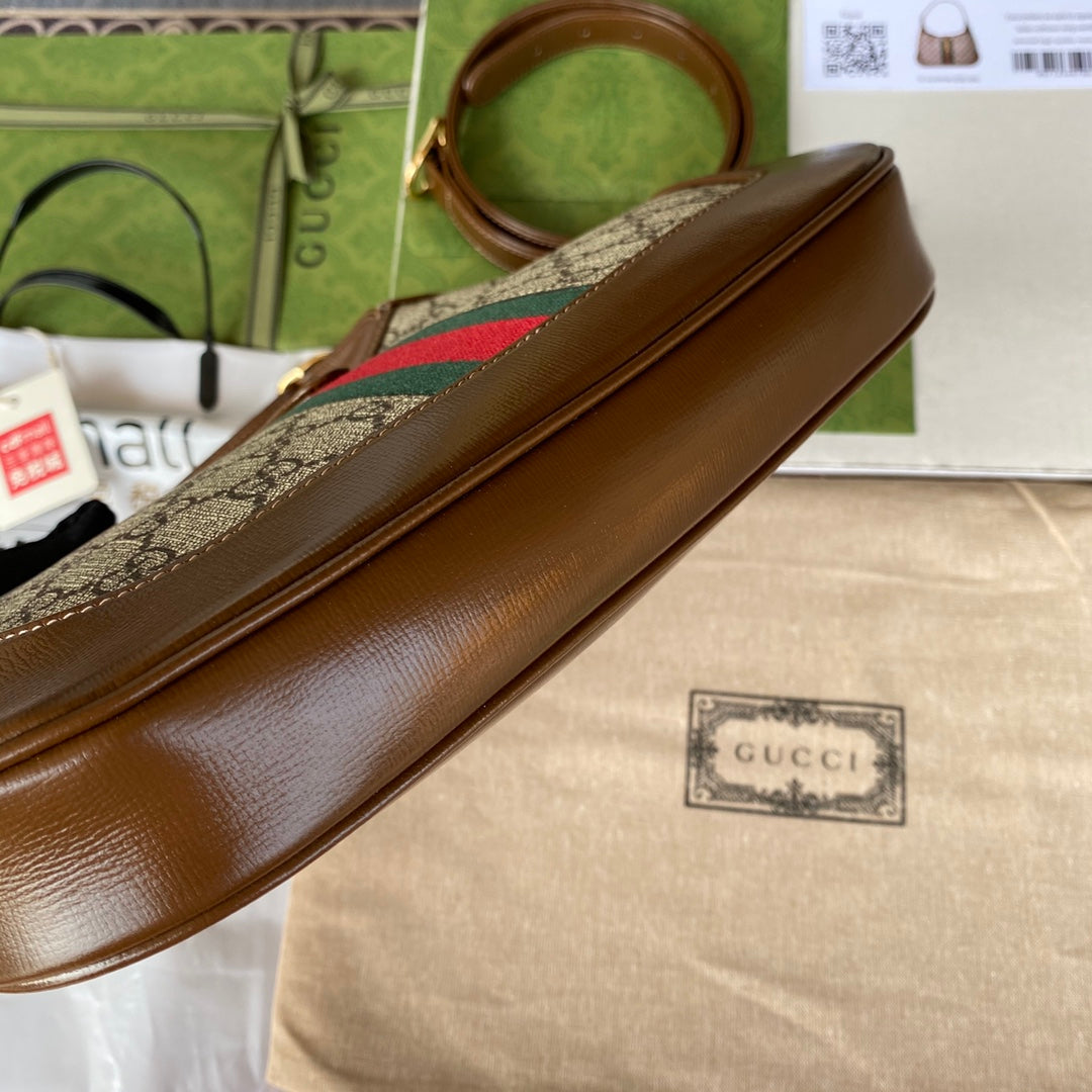 gg jackie small 28cm beige monogram canvas brown calfskin