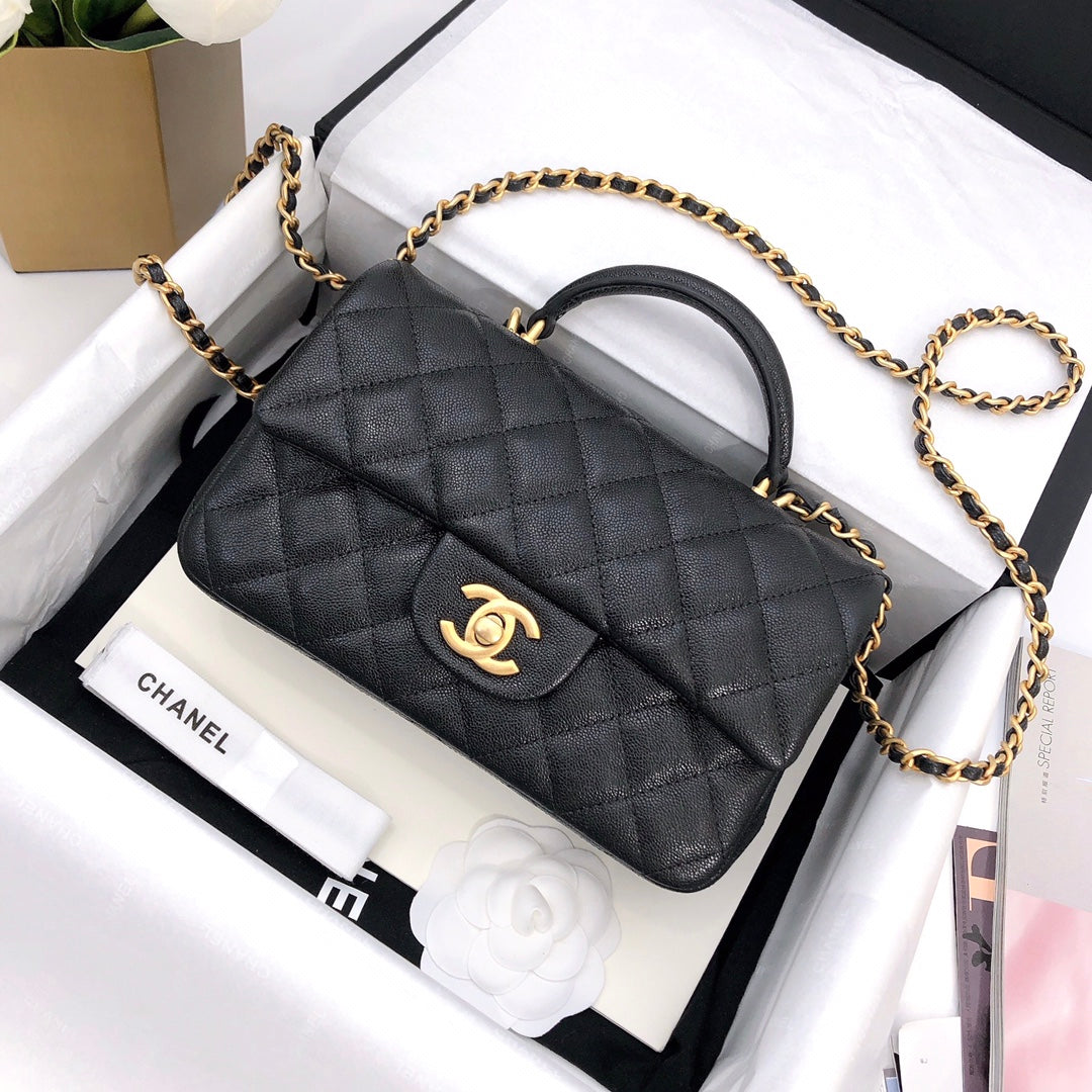 mini flap bag top handle 20cm black caviar gold hardware