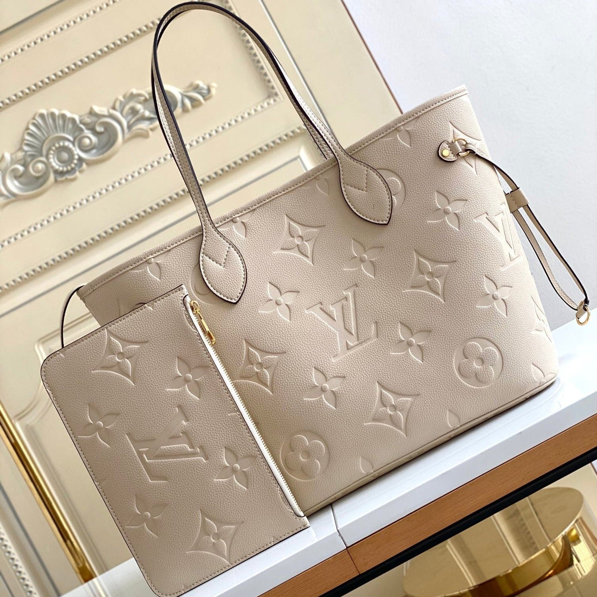 NEVERFULL MM 32 TOURTERELLE GRAY MONOGRAM EMPREINTE LEATHER