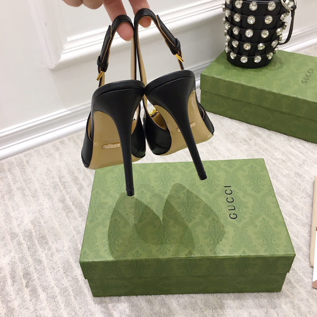 GG HIGH HEEL SLINGBACK BLACK CALFSKIN WITH CHAIN