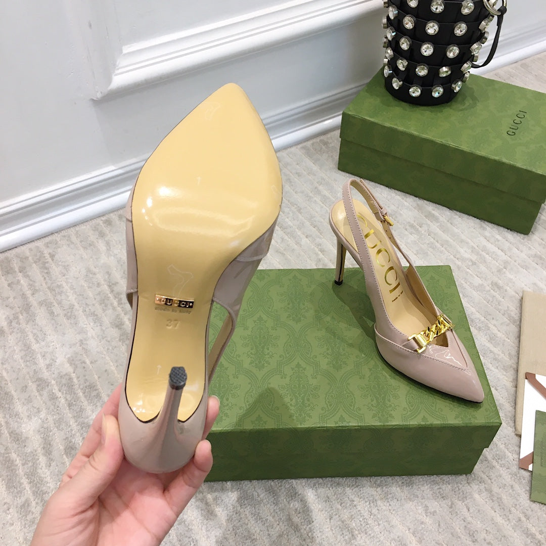 GG HIGH HEEL SLINGBACK BEIGE CREAM CALFSKIN WITH CHAIN