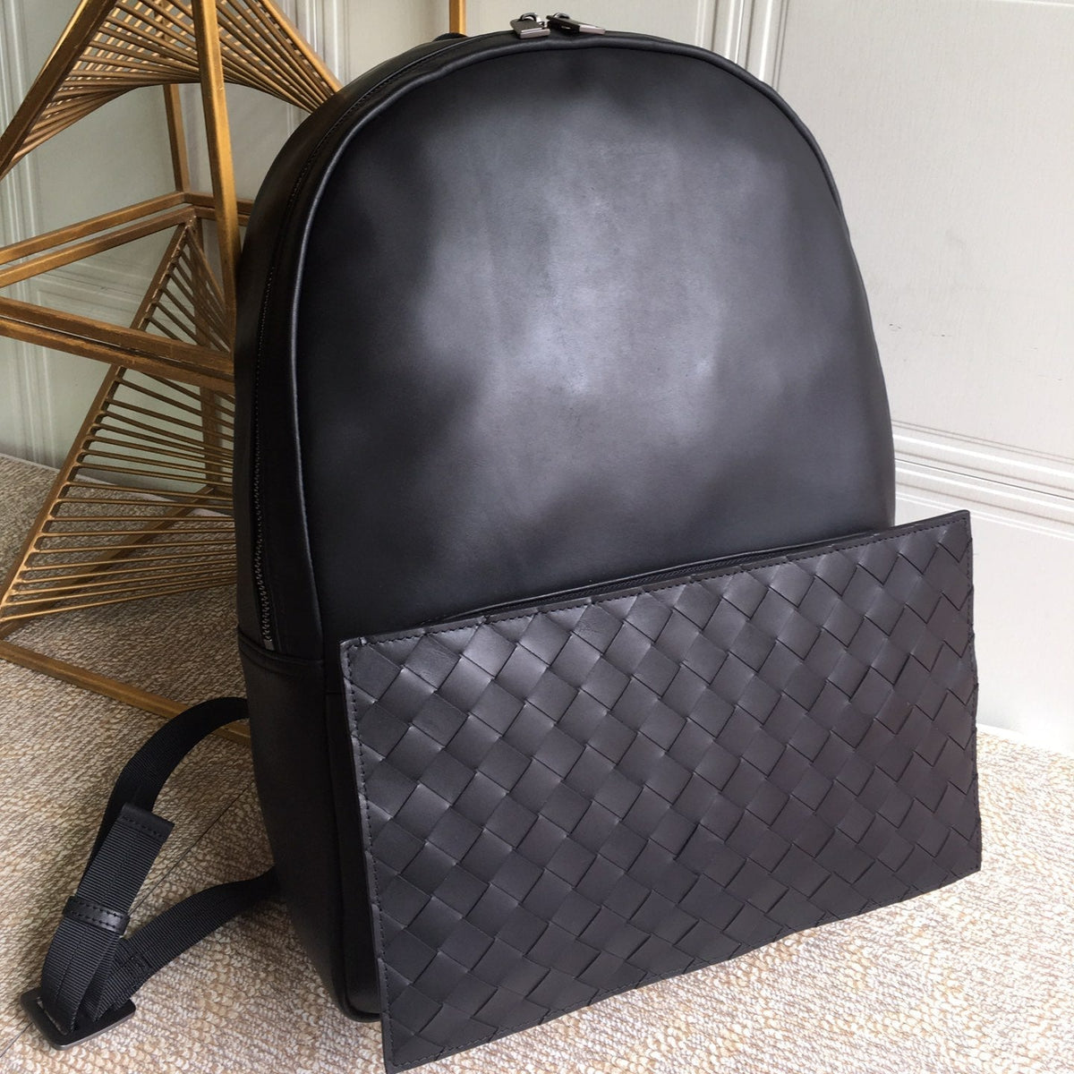 BV Plaid Backpack 45cm Black Cowhide 422279