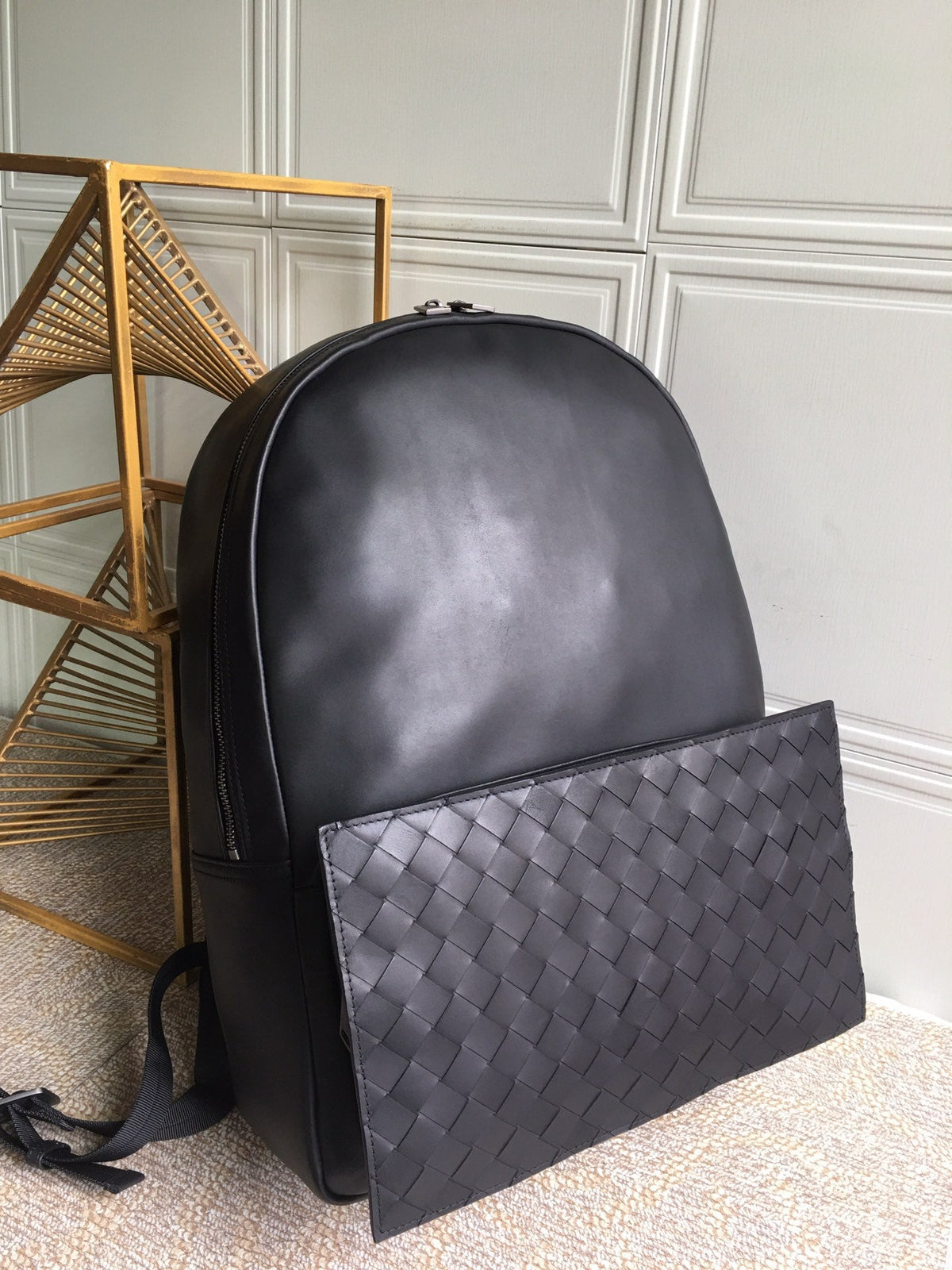 BV Plaid Backpack 45cm Black Cowhide 422279