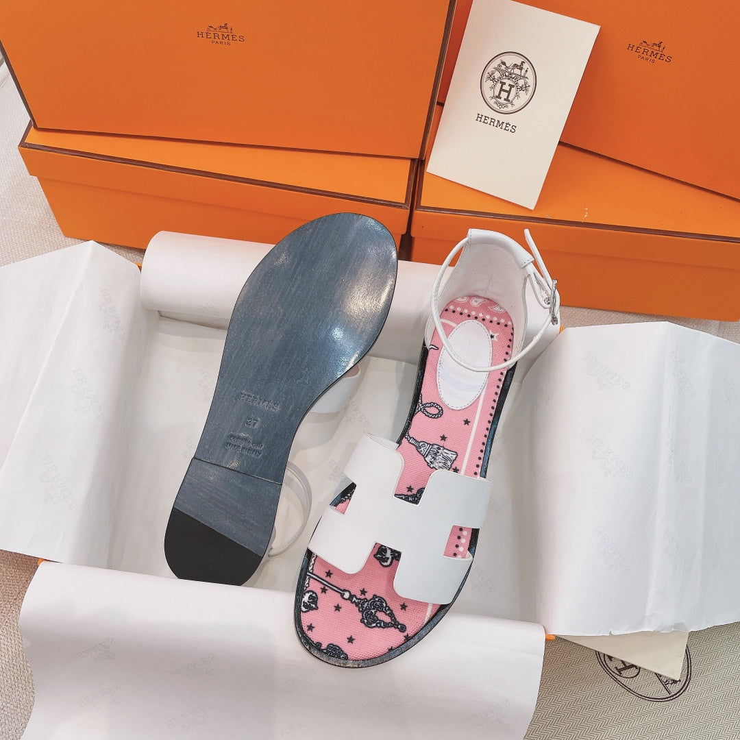 HM Flat Sandals White Pink Cowhide 348049