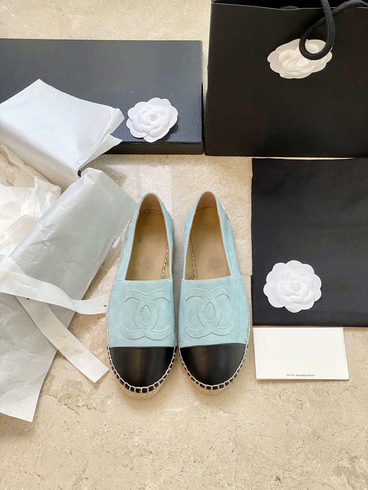 espadrilles cloud blue suede black lambskin