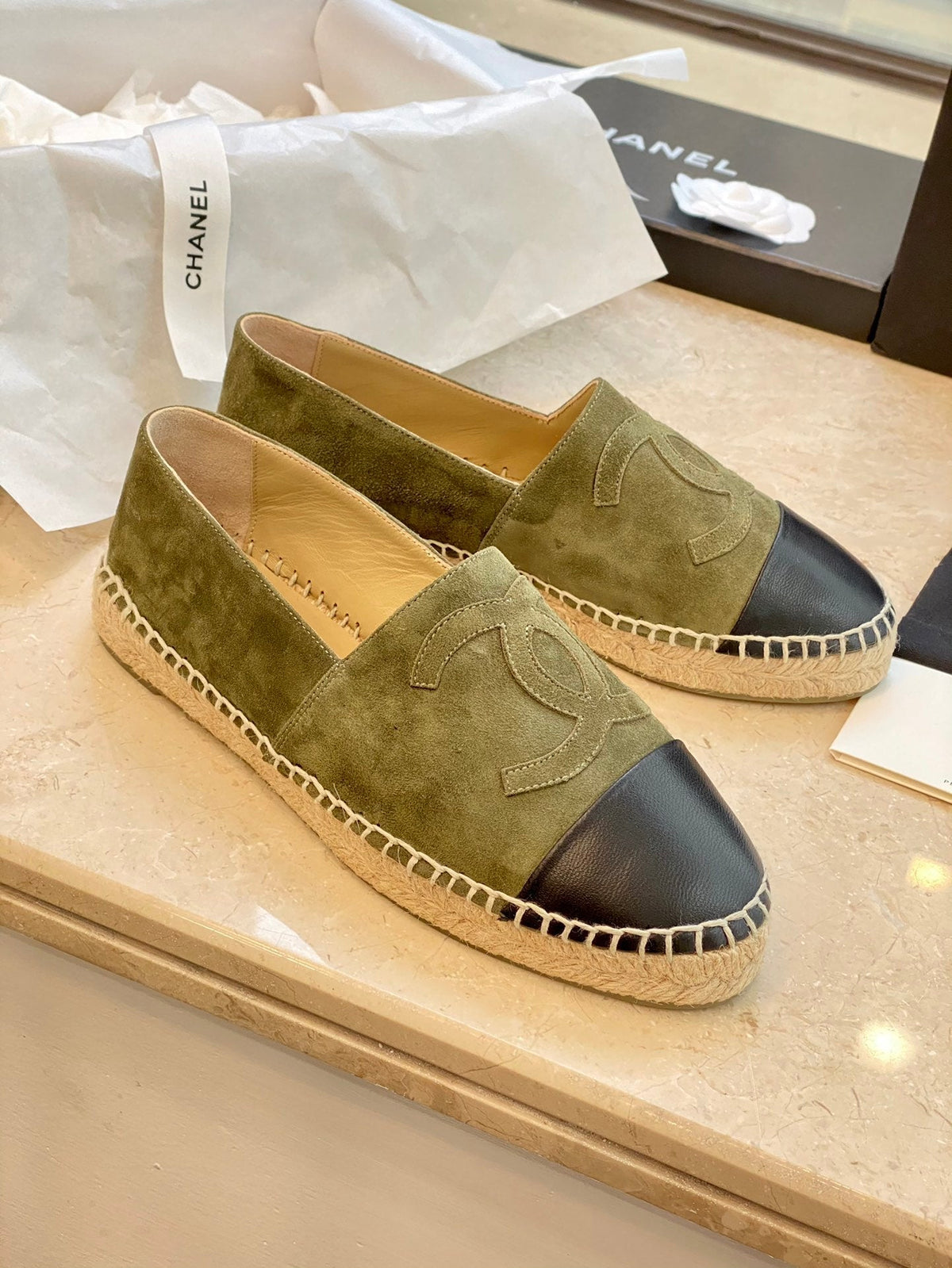 espadrilles khaki suede black lambskin