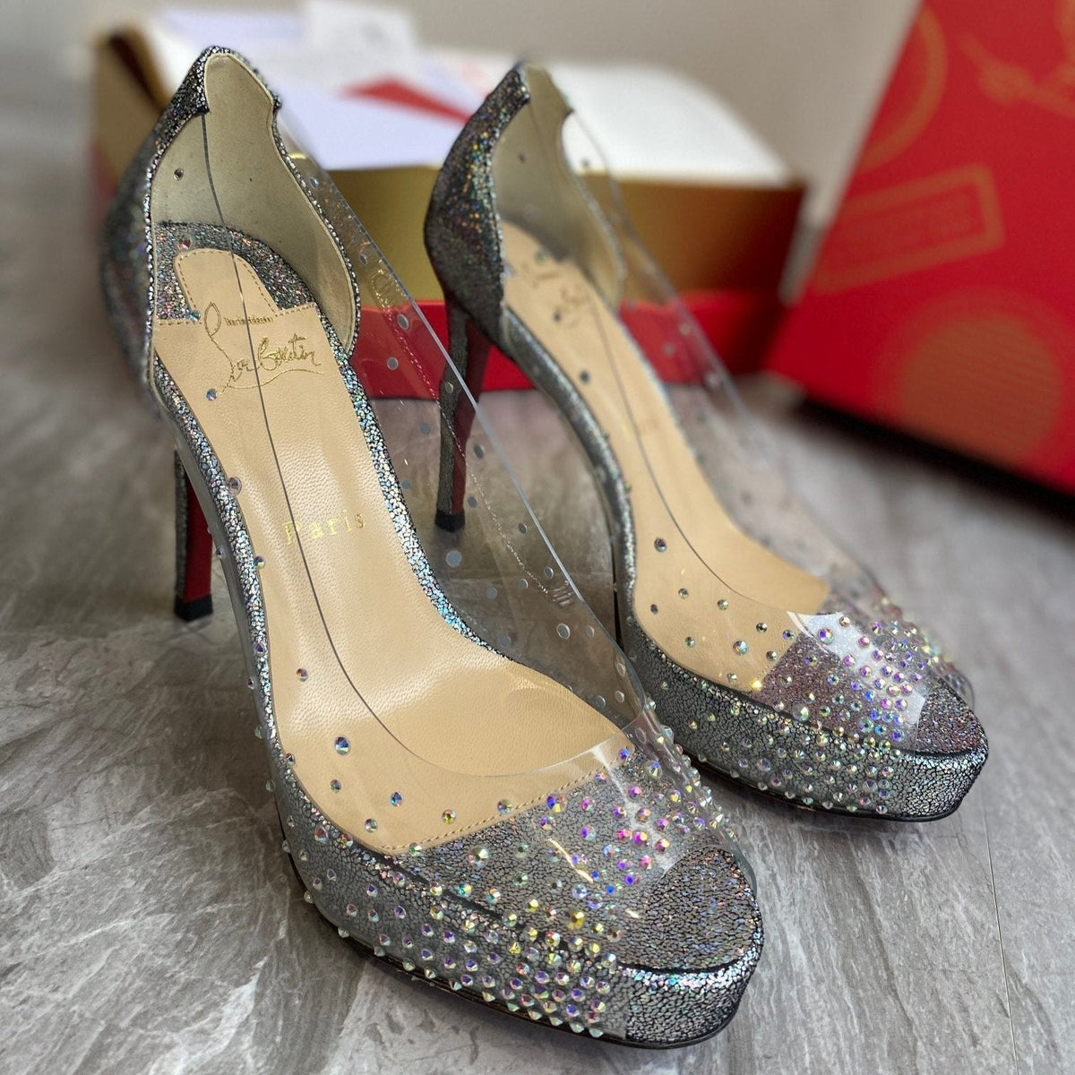 CL Very Strass Peep Toe Pumps 120mm PVC and Glitter Silver