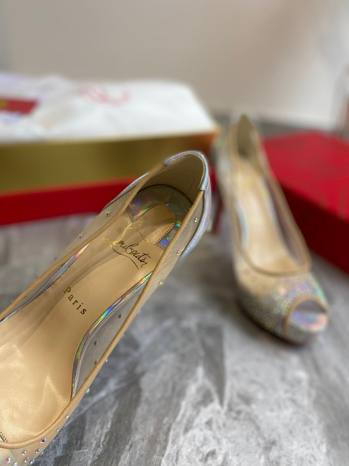 CL Very Strass Peep Toe Pumps 120mm Mesh and Leather Silver