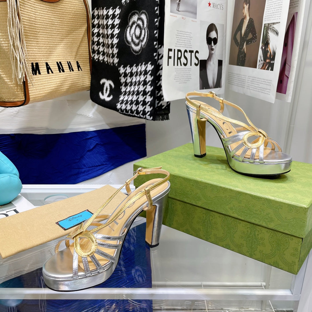 GG HIGH HEEL SANDAL METALLIC GOLD AND SILVER LAMBSKIN