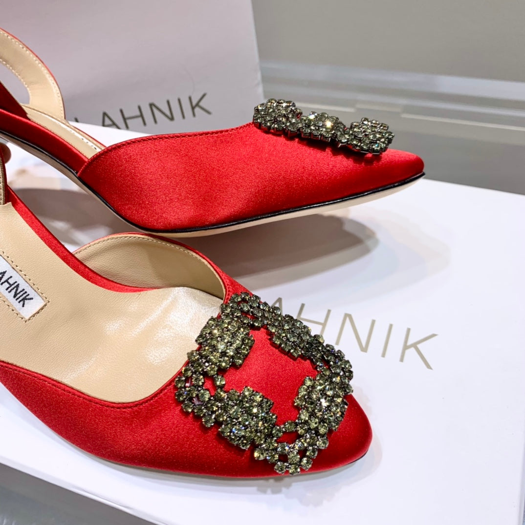 Manolo Buckle Slingback 7cm Red Silk 208030