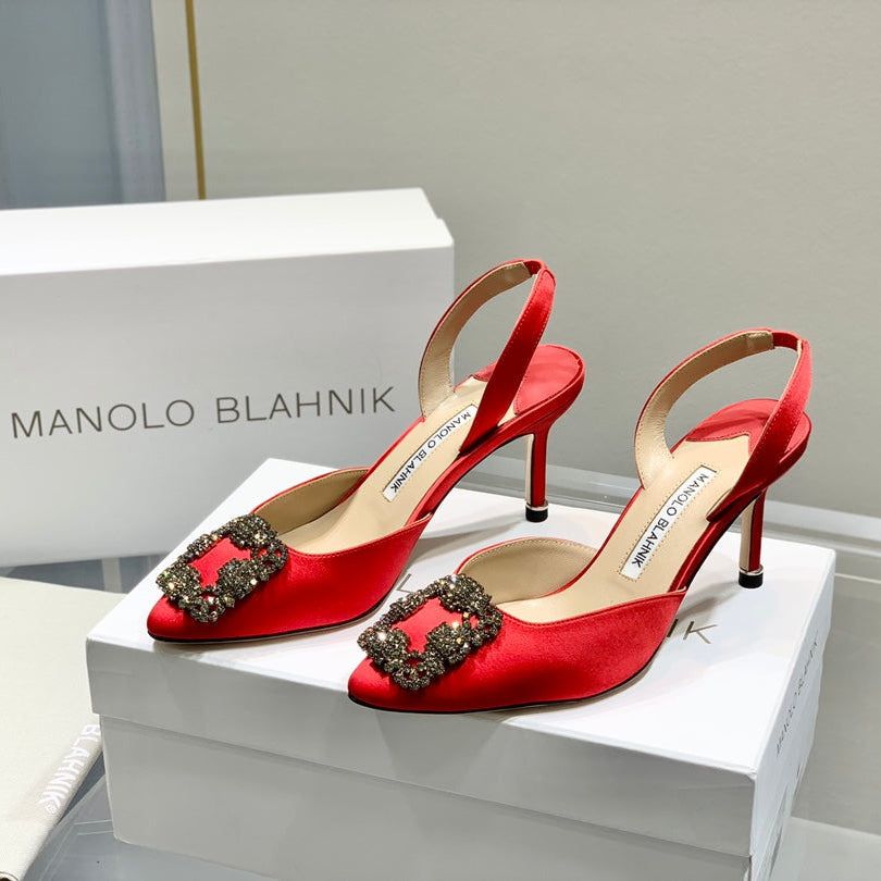 Manolo Buckle Slingback 7cm Red Silk 208030