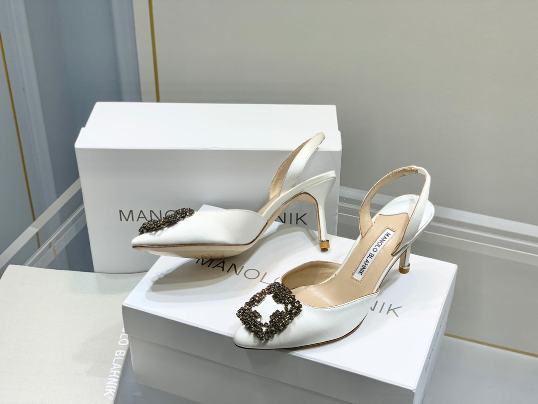 Manolo Buckle Slingback 7cm White Silk 208028