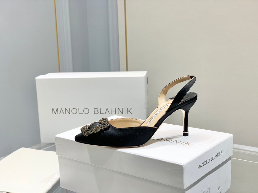 Manolo Buckle Slingback 7cm Black Silk 208027