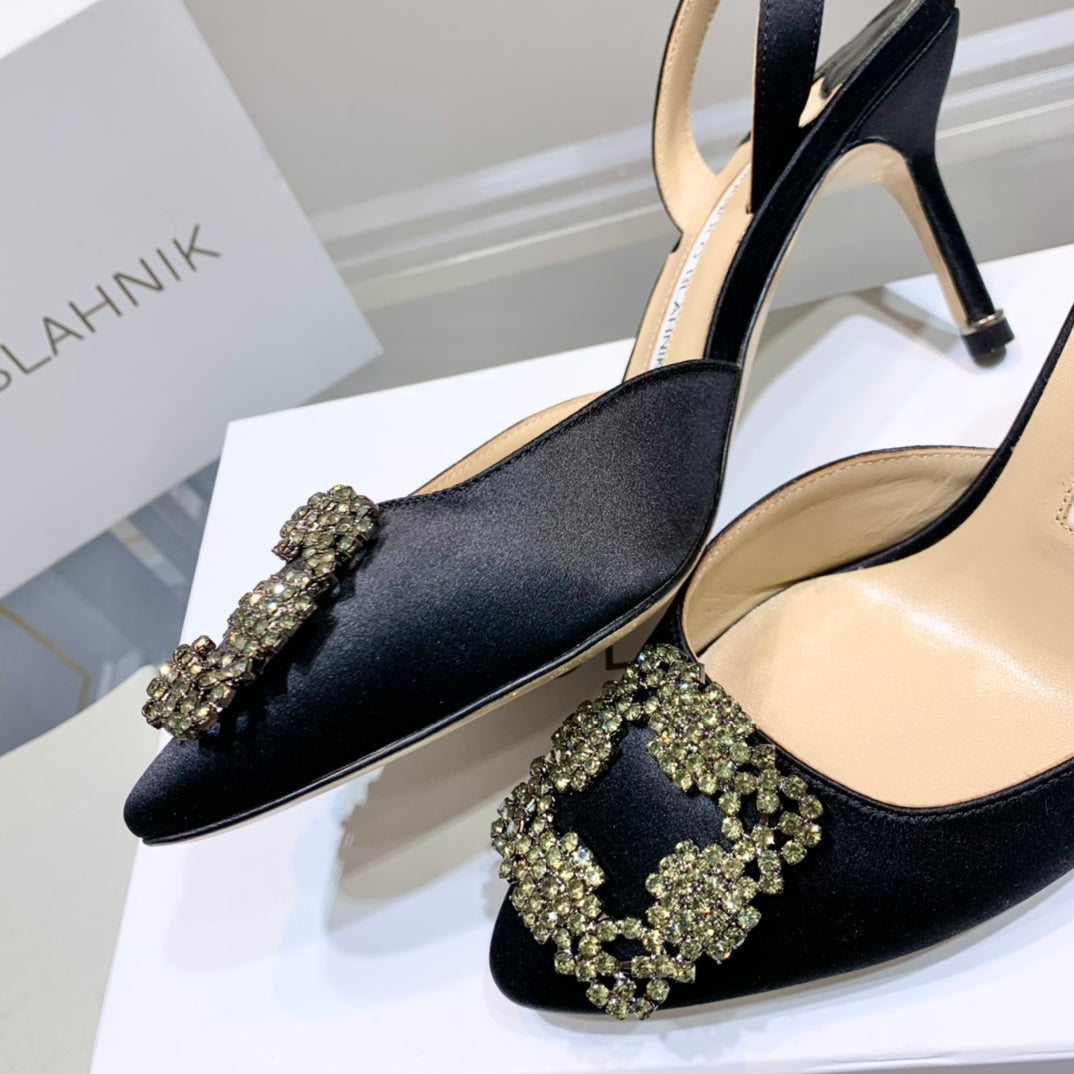 Manolo Buckle Slingback 7cm Black Silk 208027