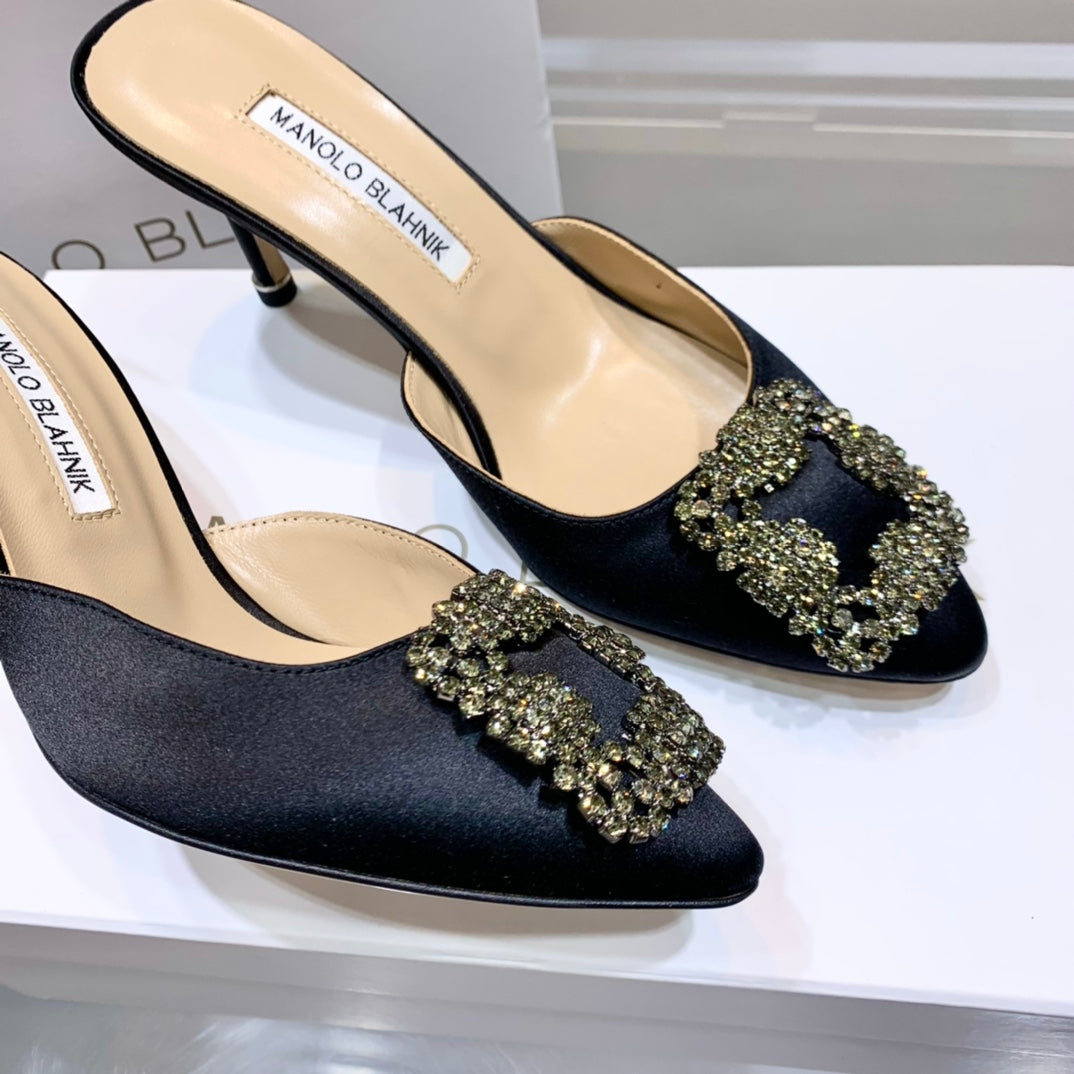 Manolo Buckle Mules 7cm Black Silk 208022