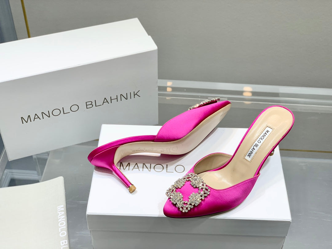 Manolo Buckle Mules 7cm Dark Pink Silk 208015