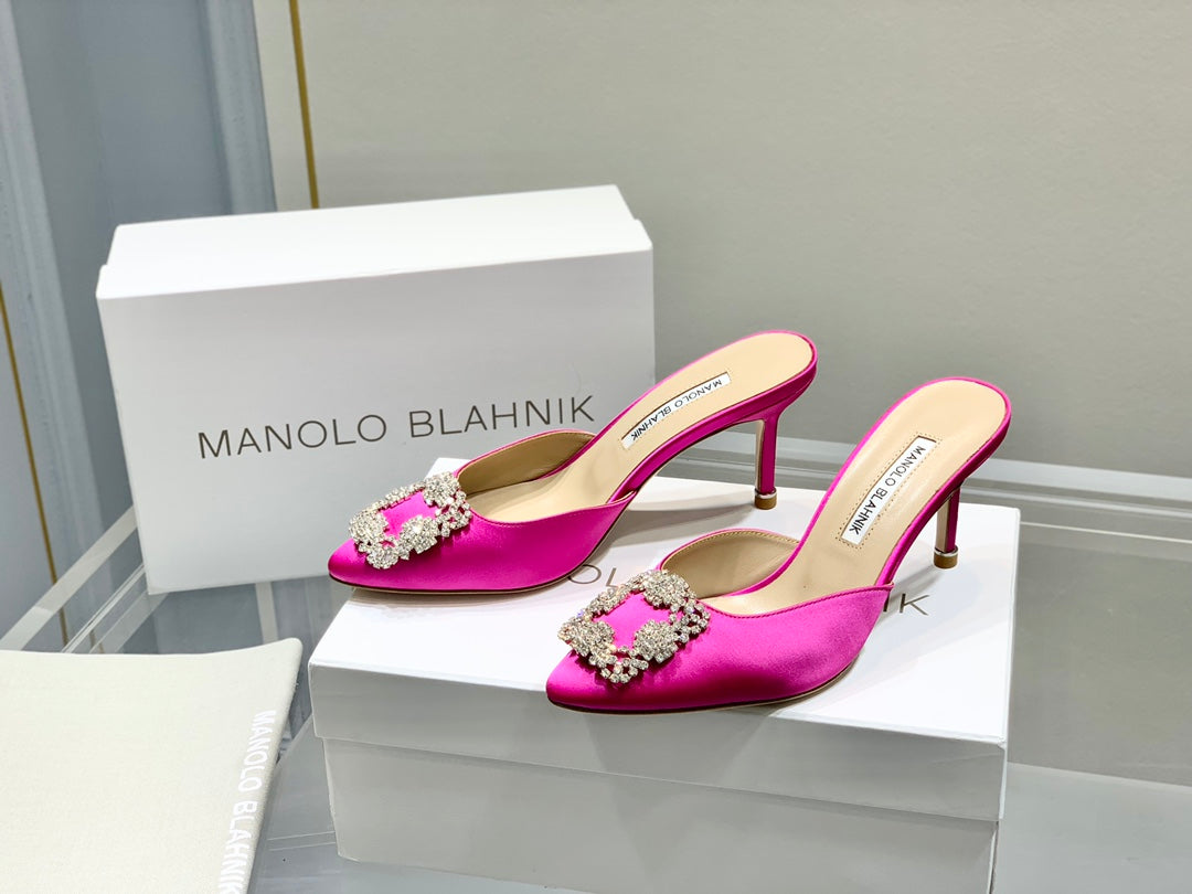 Manolo Buckle Mules 7cm Dark Pink Silk 208015