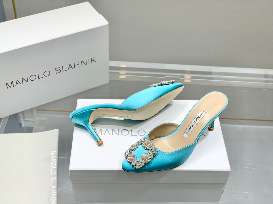 Manolo Buckle Mules 7cm Eletric Blue Silk 208017
