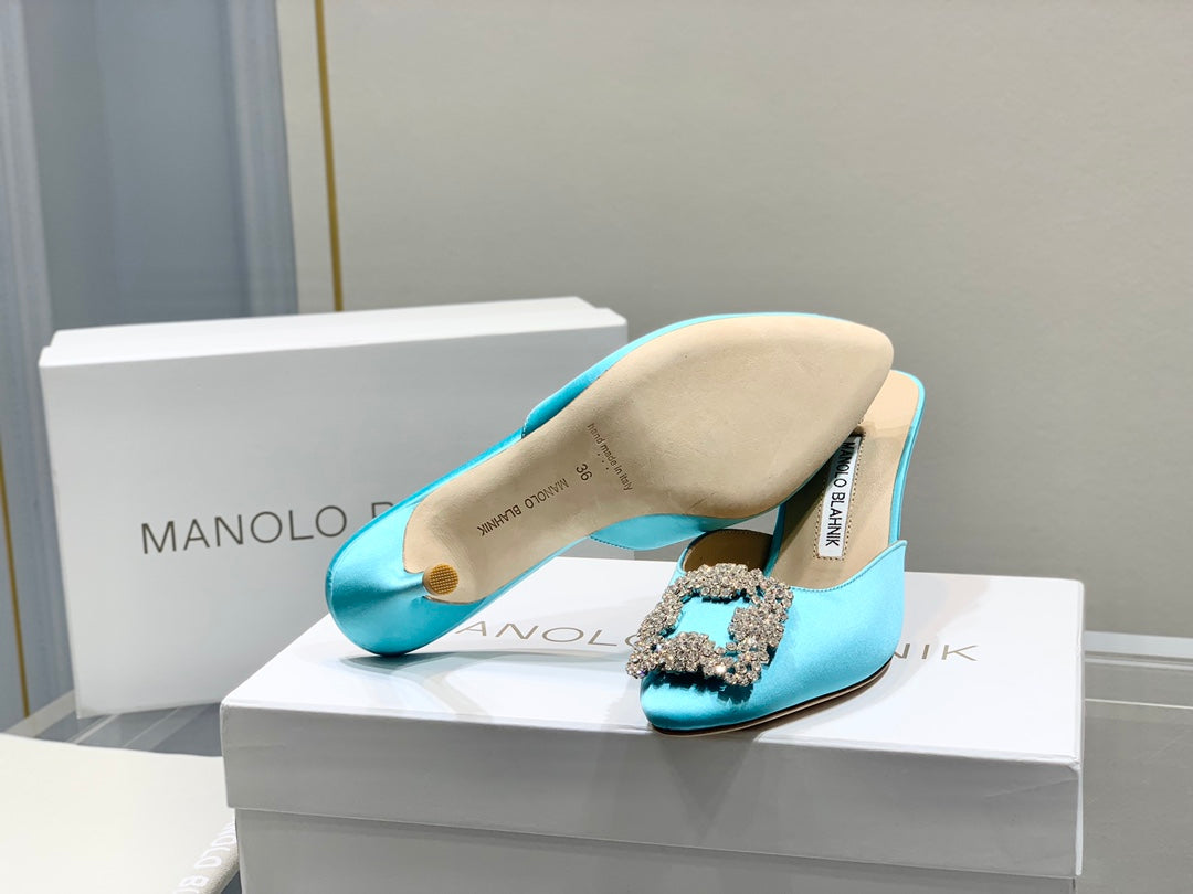 Manolo Buckle Mules 7cm Eletric Blue Silk 208017