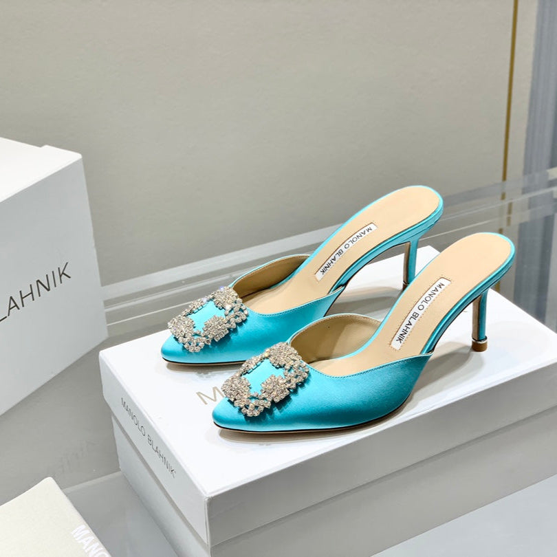 Manolo Buckle Mules 7cm Eletric Blue Silk 208017