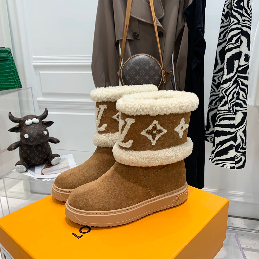 LV Snowdrop Flat Ankle Boot Brown Monogram White Suede