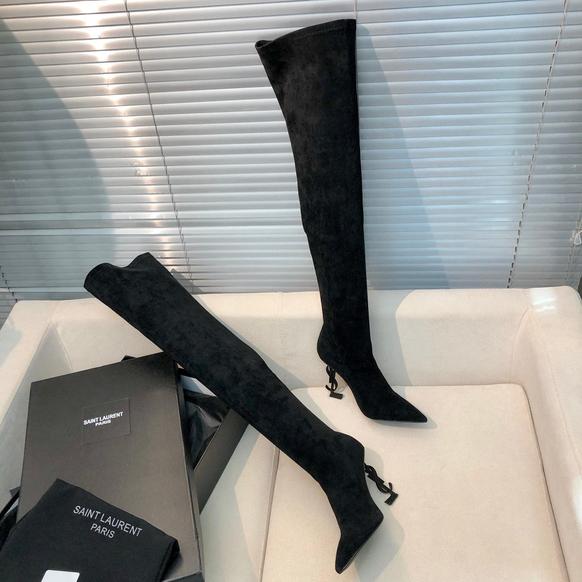 OPYUM THIGH HIGH BOOTS IN BLACK VELVET