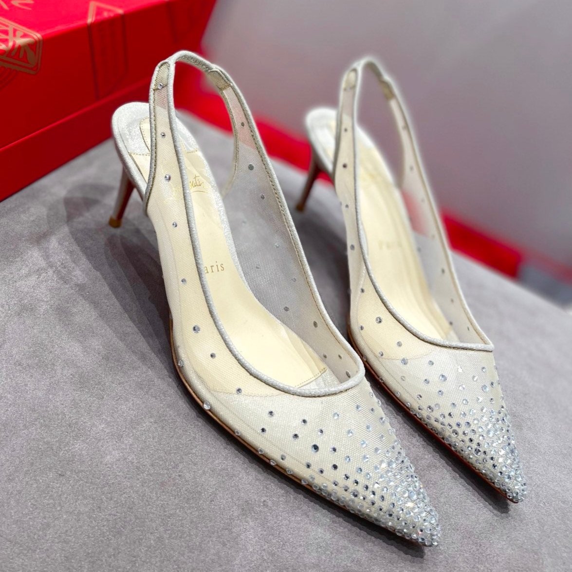 CL Pumps Follies Strass 70mm Fishnet White