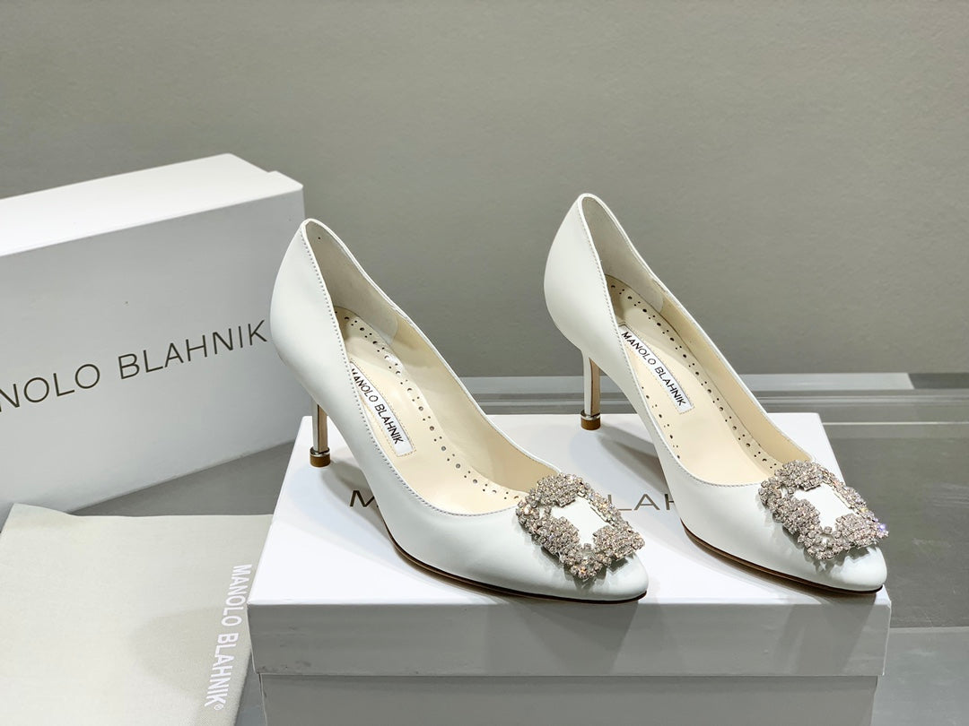 Manolo Snowflake Buckle Pumps White Cowhide 204507