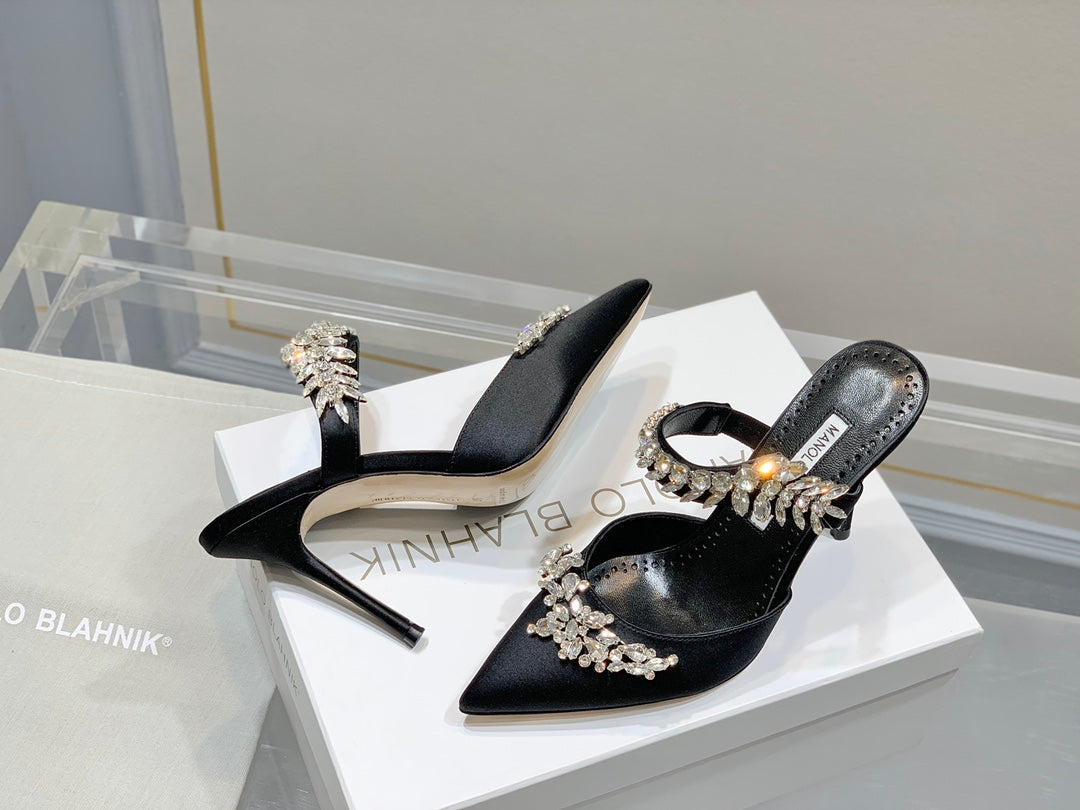 Manolo Flats Mules Crystal Black Silk Satin 327467