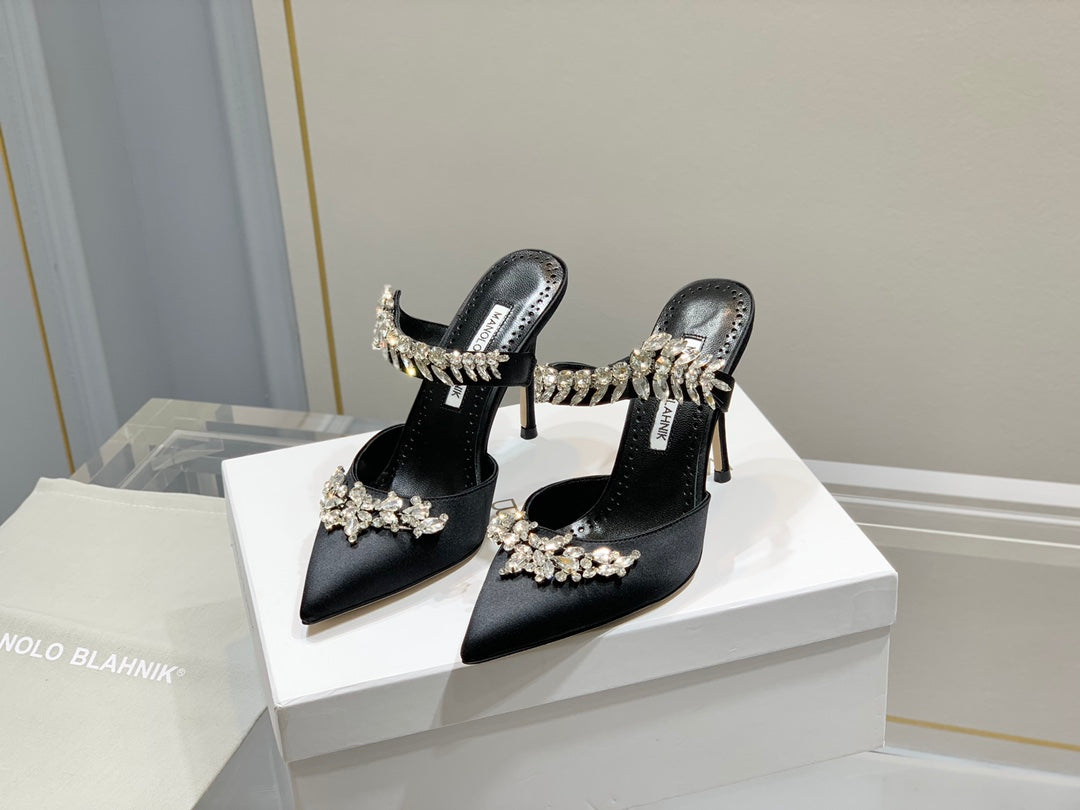 Manolo Mules Crystal Black Silk Satin 219377