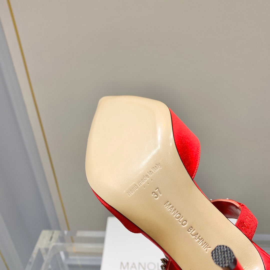 Manolo Mules Crystal Red Silk Satin 219379