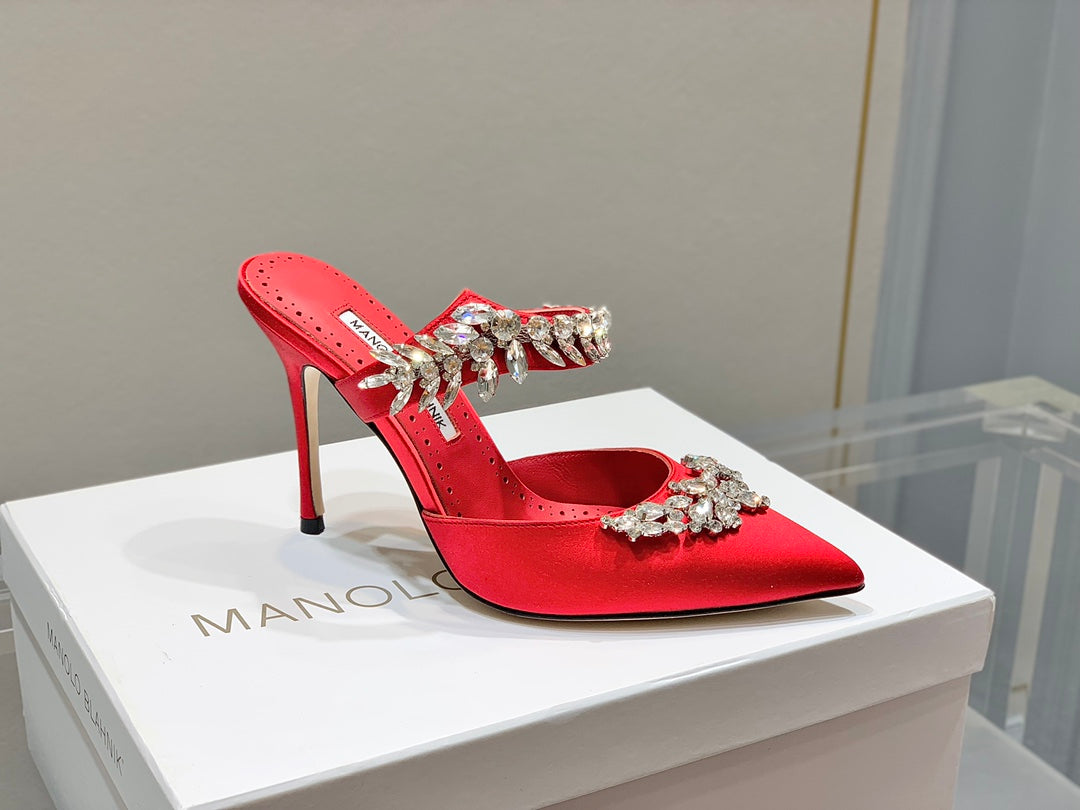 Manolo Mules Crystal Red Silk Satin 219379