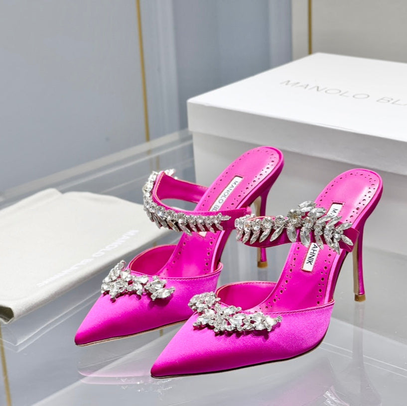 Manolo Mules Crystal Dark Pink Silk Satin 219382