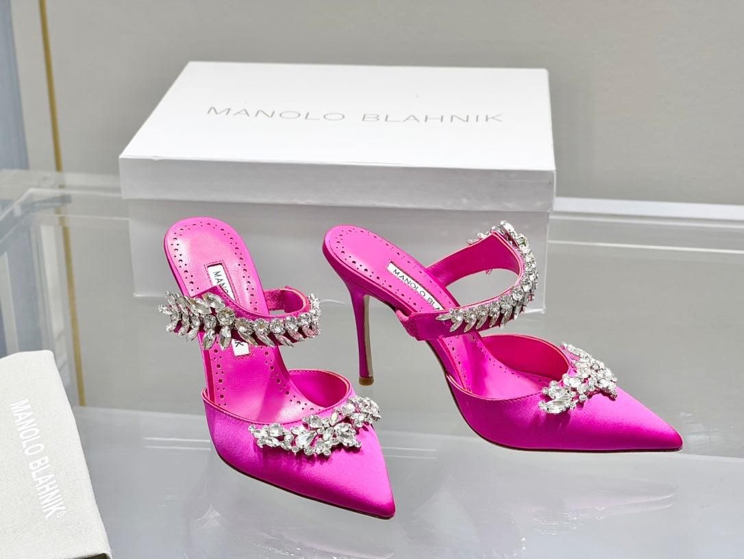 Manolo Mules Crystal Dark Pink Silk Satin 219382