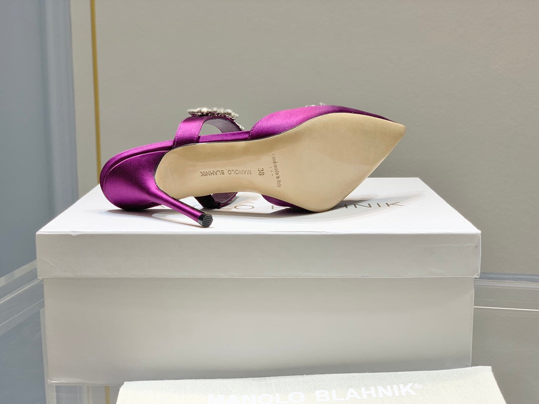 Manolo Mules Crystal Purple Silk Satin 219385