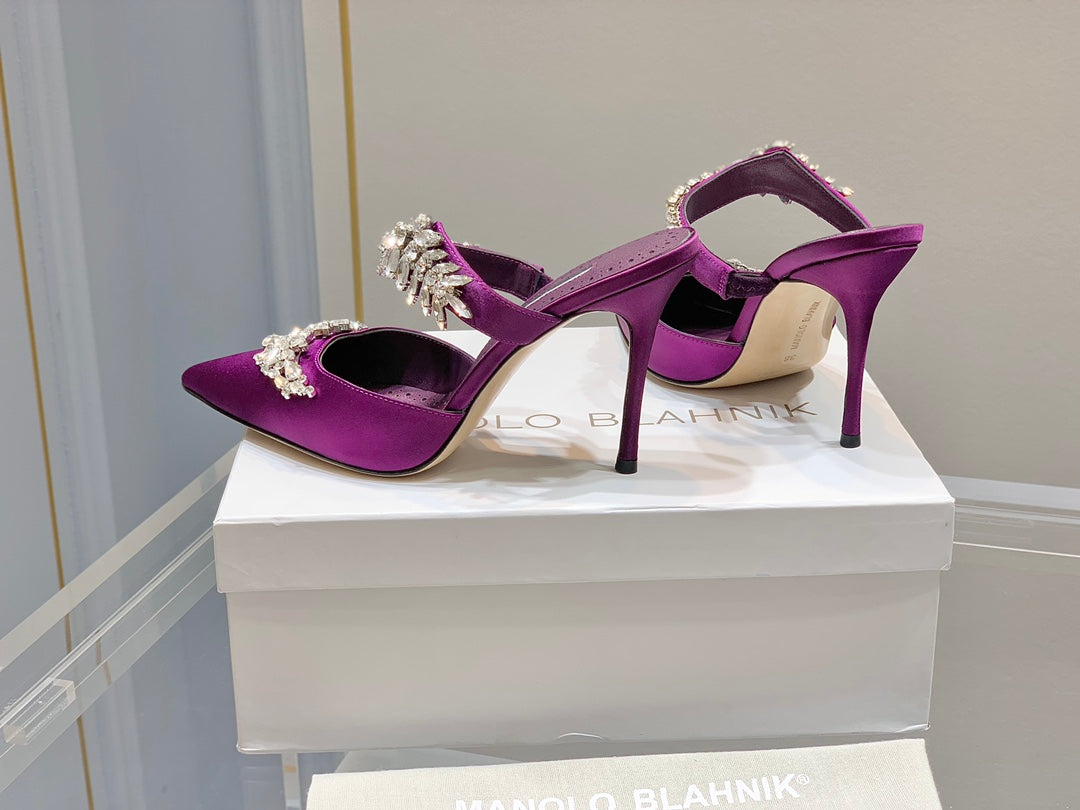 Manolo Mules Crystal Purple Silk Satin 219385