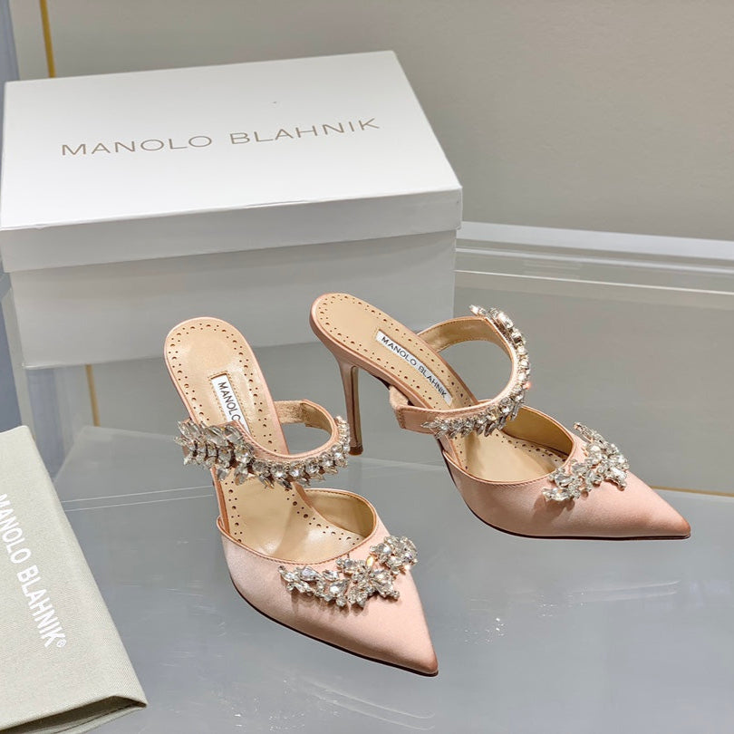 Manolo Mules Crystal Pink Silk Satin 219386