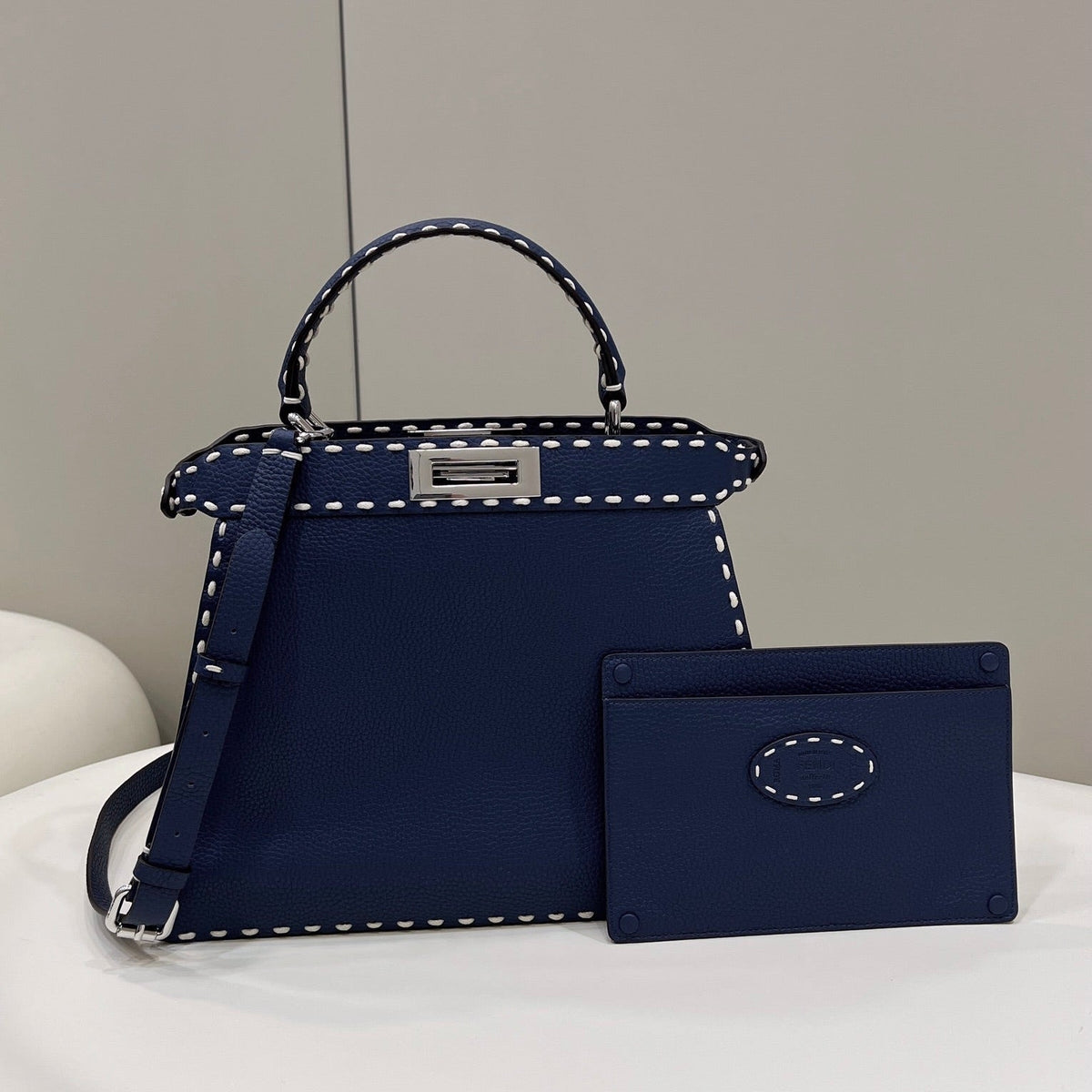 PEEKABOO ISEEU 33 IN NAVY BLUE GRAINED CALFSKIN SILVER HARDWARE