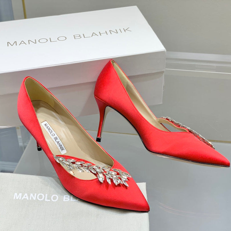 Manolo Wheat Ear Rhinestone High Heels Pumps Red Silk Fabric 327448