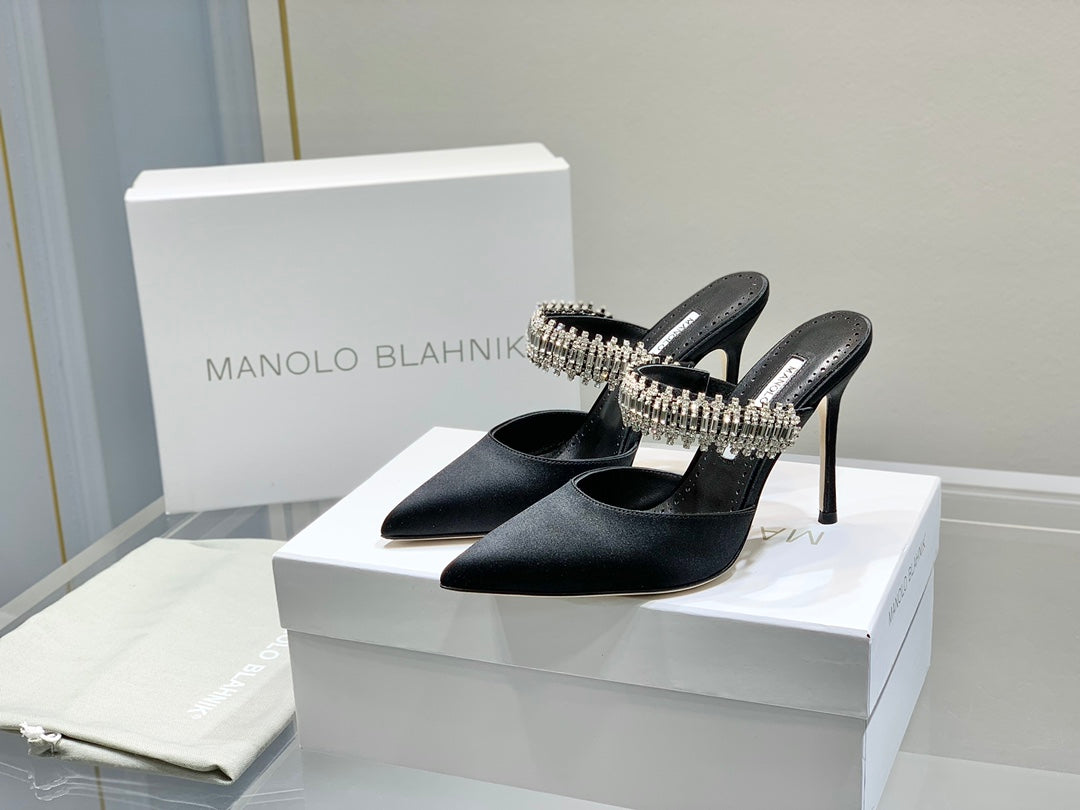 Manolo Mules Diamond Buckle Black Silk Satin 218812
