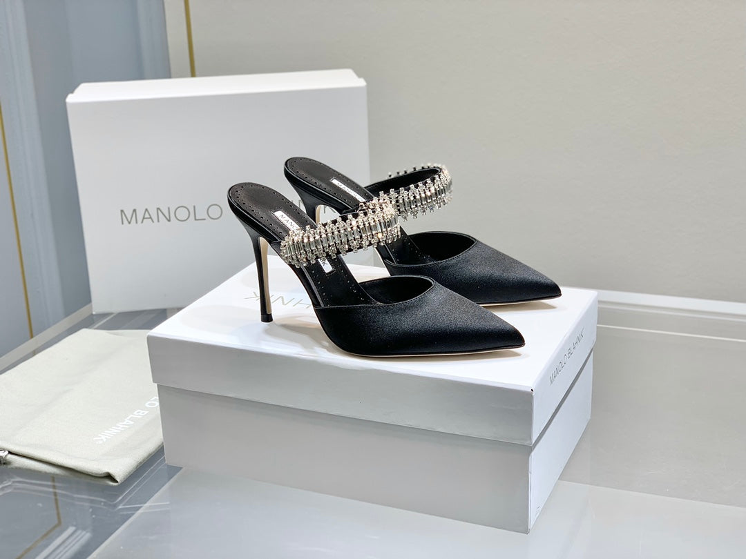 Manolo Mules Diamond Buckle Black Silk Satin 218812