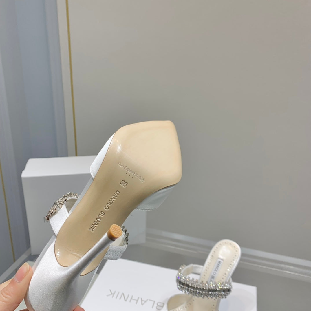 Manolo Mules Diamond Buckle White Silk Satin 218814