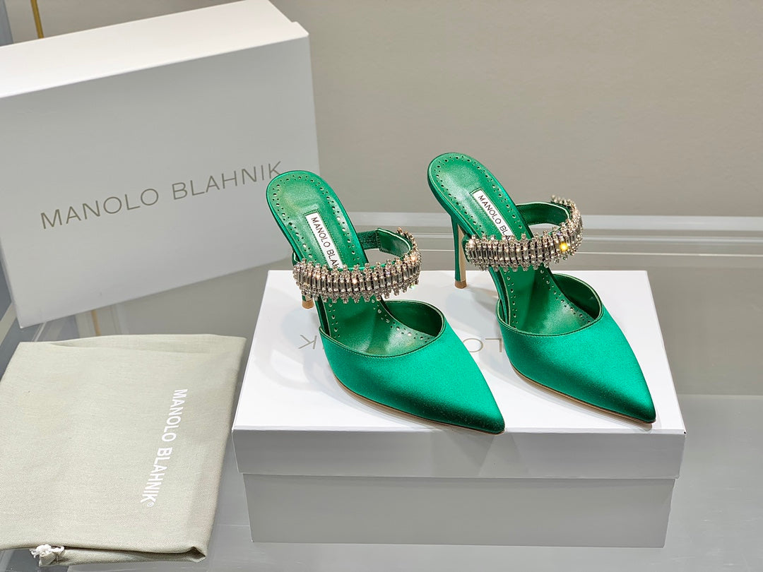 Manolo Mules Diamond Buckle Green Silk Satin 218813