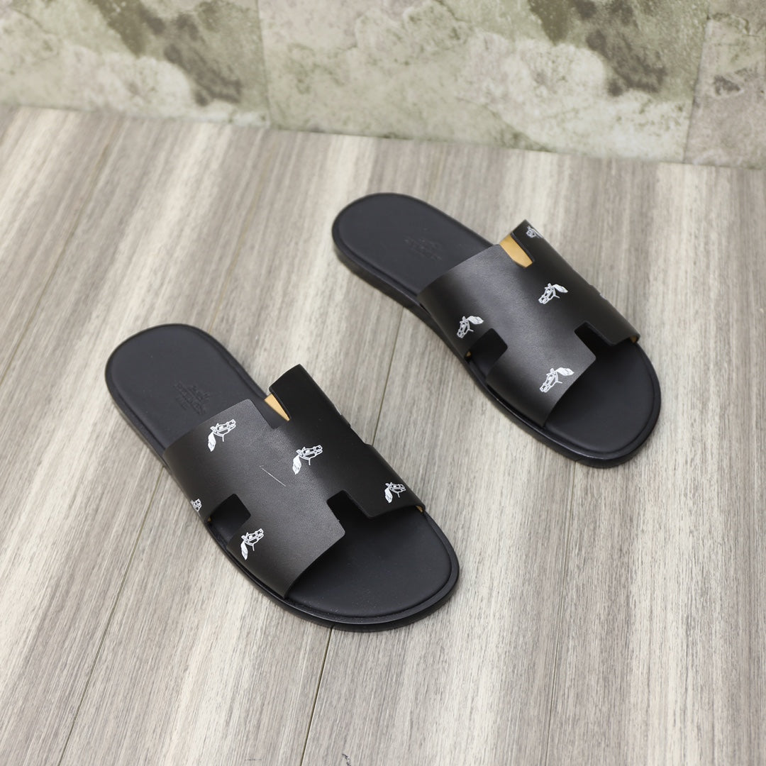 HM IZMIR SANDAL BLACK WITH WHITE ICON CALFSKIN
