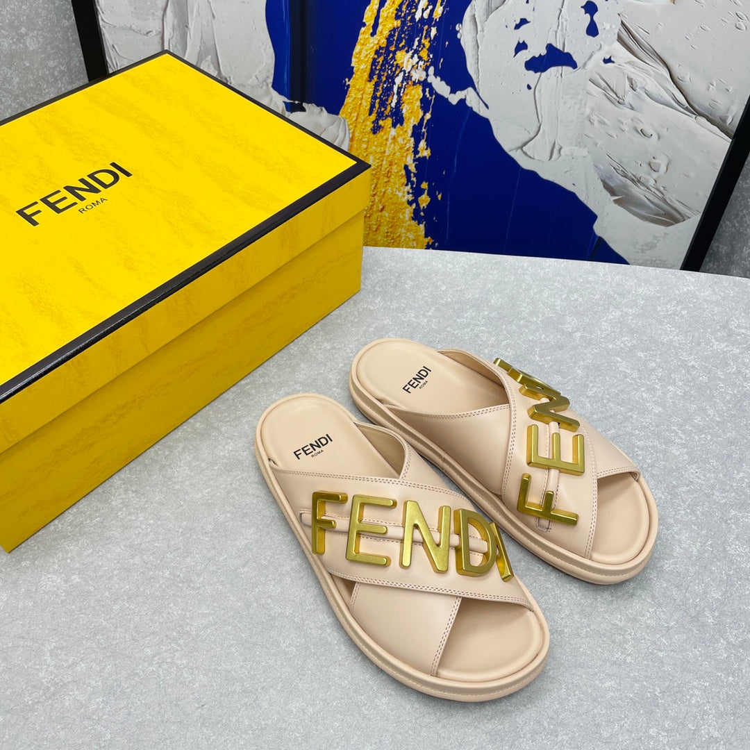 FENDI GRAPHY LOGO LETTERING SLIDES IN BEIGE LAMBSKIN WITH GOLD HARDWARE
