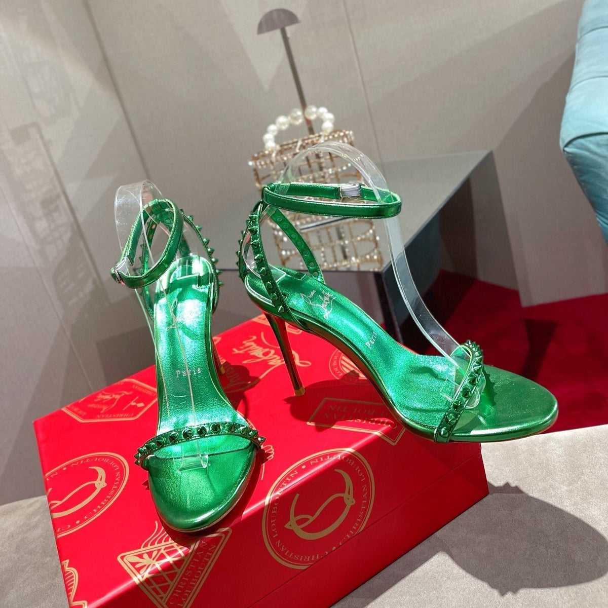 CL Spiked Strap Sandals Dark Green Metallic 346014