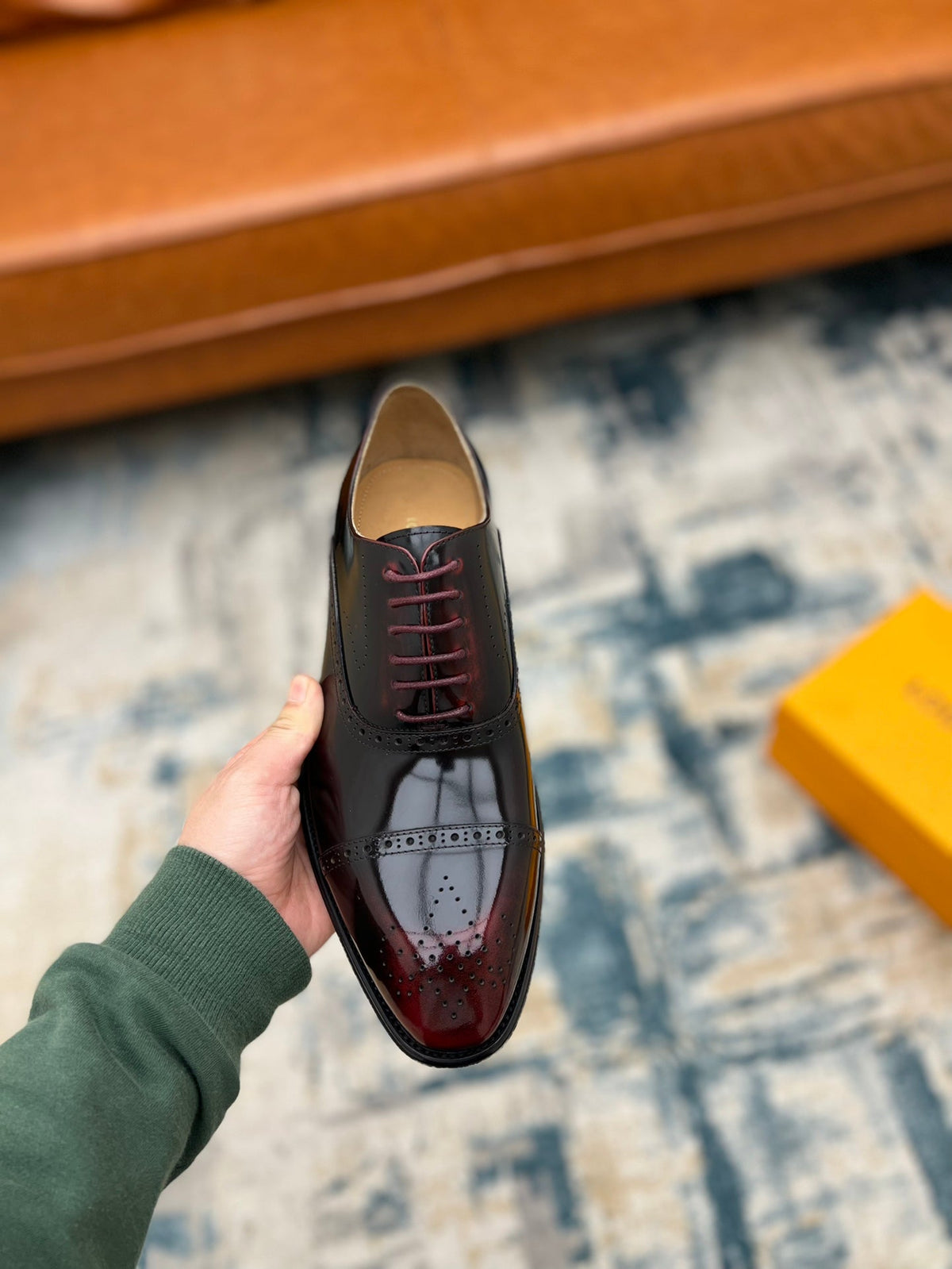 LV LACE-UP IN WINE RED GLOSSY CALFSKIN