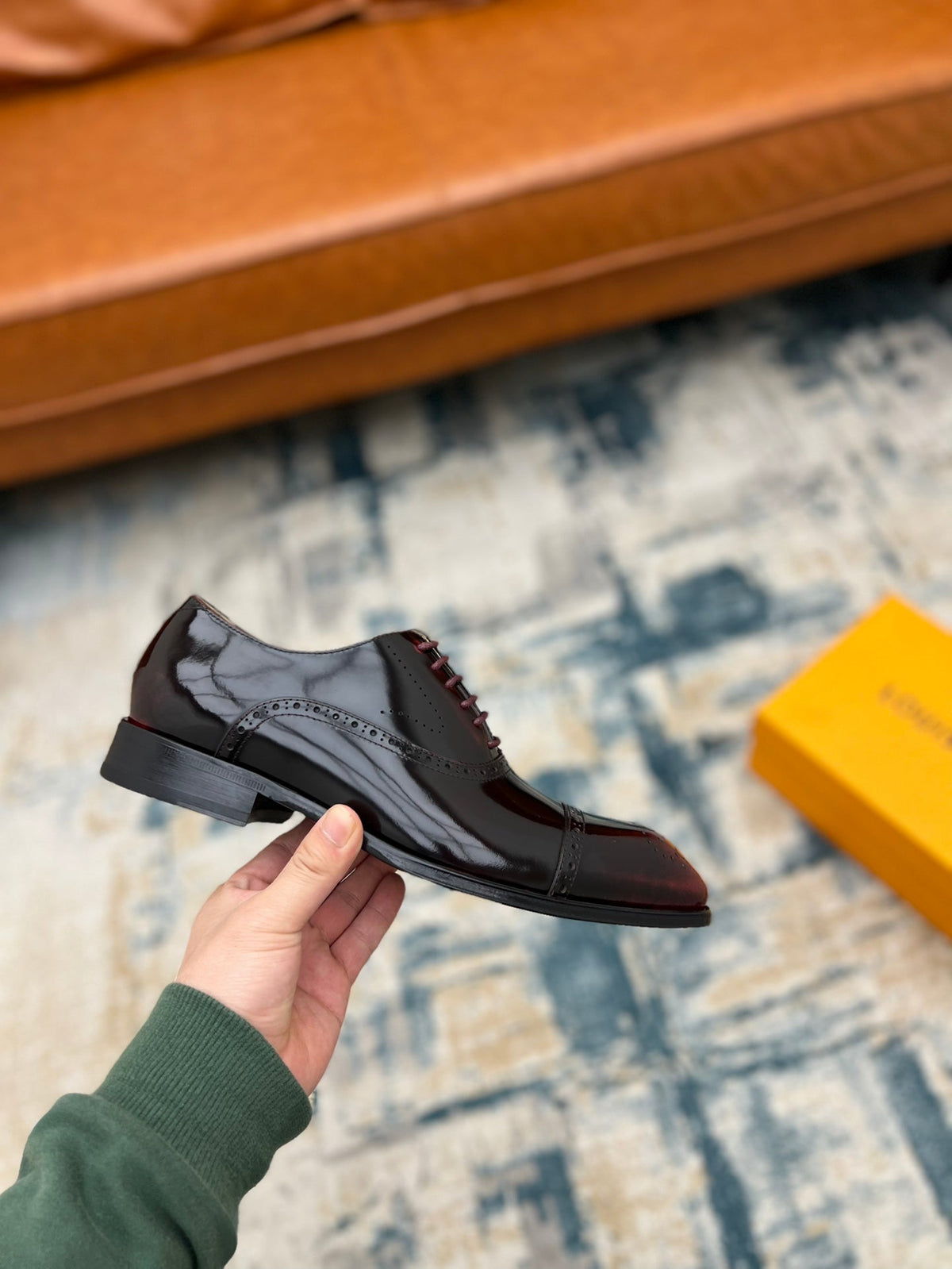 LV LACE-UP IN WINE RED GLOSSY CALFSKIN
